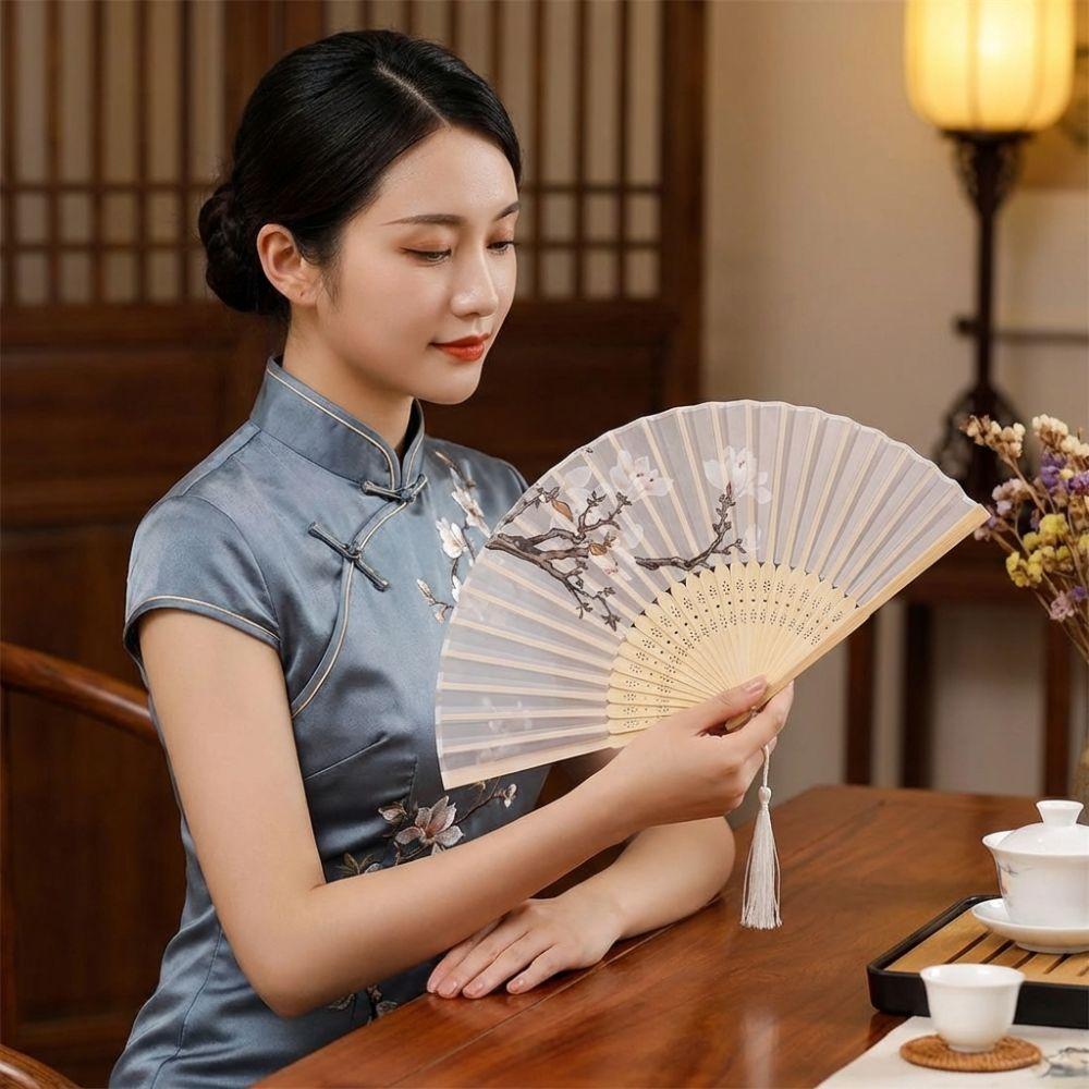 Magnolia Pattern Folding Fan Antique Handheld Fan Elegant Decorative Fan Cheongsam Matching