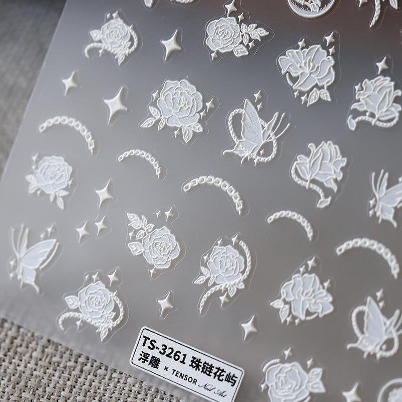 Crystal White Flower Leaves Petal Wet garden Spring Charming Elegant 5D Nail Art Stickers Rhinestone Adhesive Manicure Decals