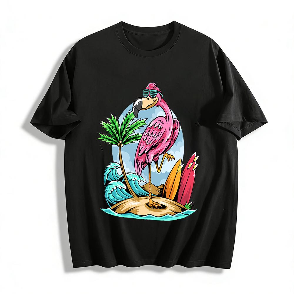 Vacation Style Flamingo Surfing Island Print Casual T-Shirt Pure cotton T-shirt XXS