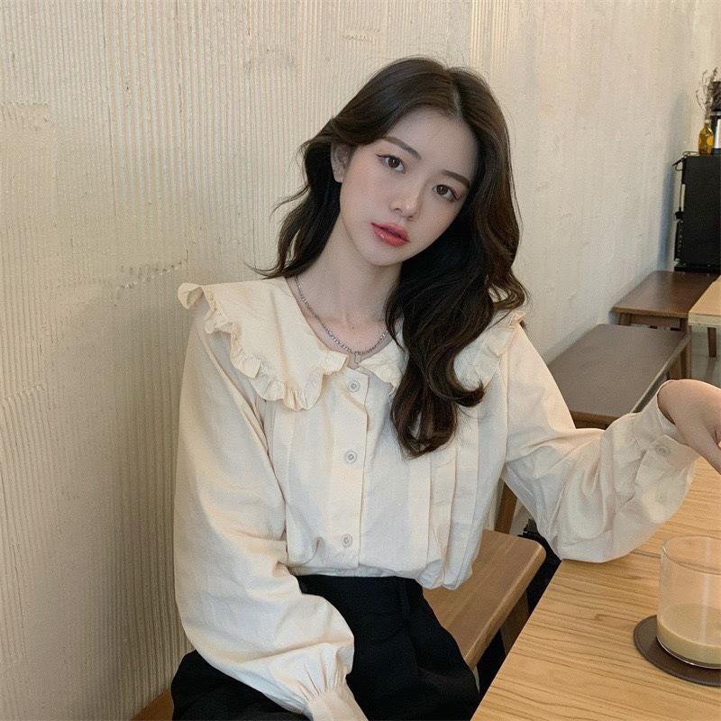 Dongdaemun Peter Pan Collar Sweet Blouse: Women's Loose Long Sleeve Top for Spring/Autumn 2025.