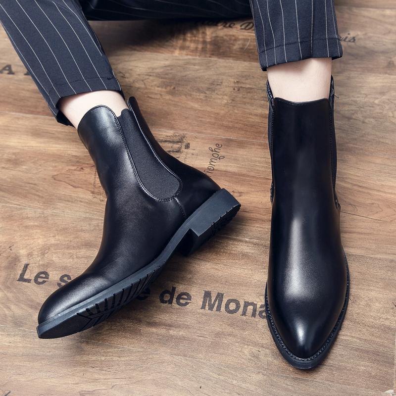 2025 autumn high-top leather shoes men's British pointed business Korean version inner height increase 4cm6 casual large size Chelsea boots
