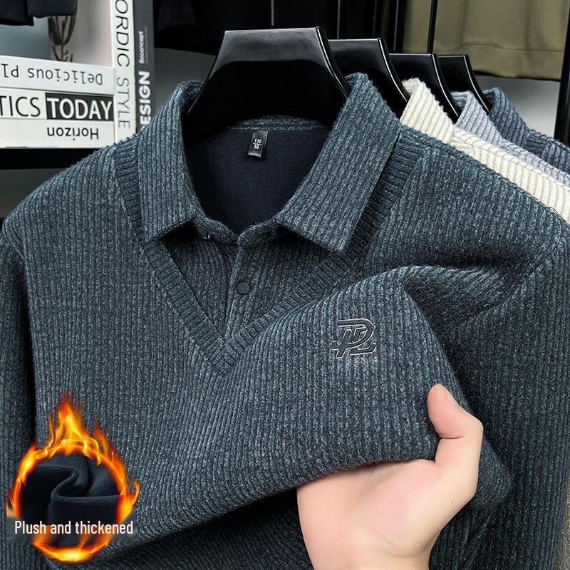 Men's 2025 Winter Knit Sweater with Shirt Collar - Plus Velvet, Thick, Warm, Long Sleeve, Fake Two-Piece Design for Middle-Aged