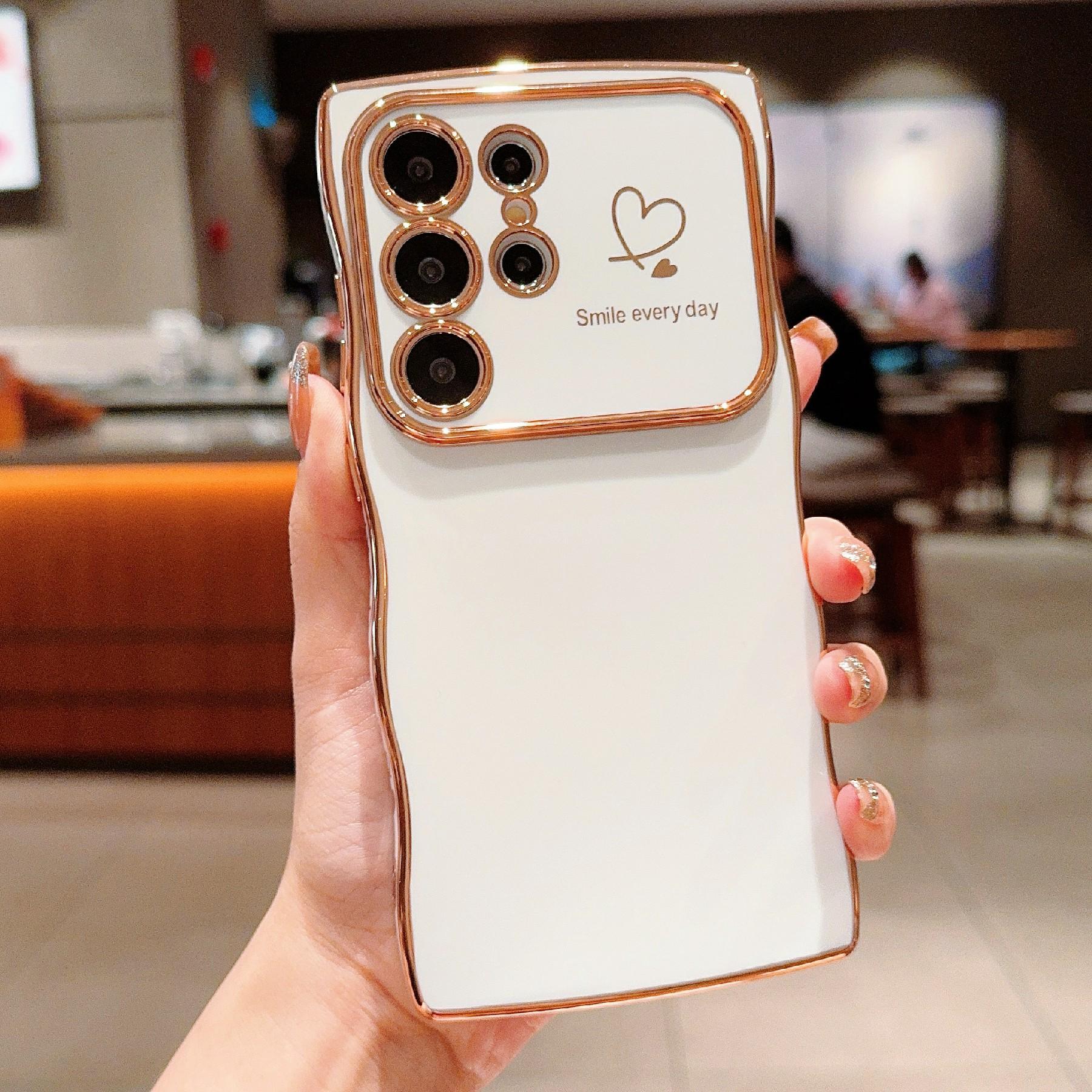 

For Samsung Galaxy S25 Ultra Case Love Hearts TPU Phone Cover Curly Wave Frame Large Window Ivory White