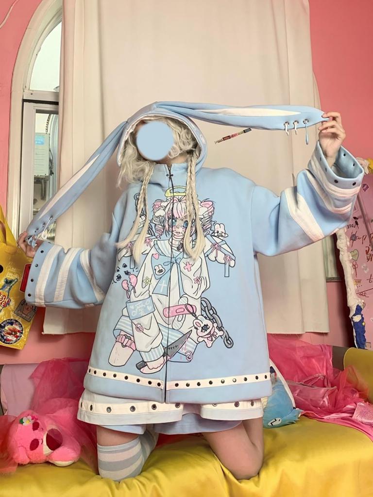 XHSUKADO Rabbit Ear Long Cute Color Angel Harajuku Shibuya Subculture Light Size L Women's Hoodie, Sleeve, Thick, Sweatshirt, Coat, Outerwear, Top,