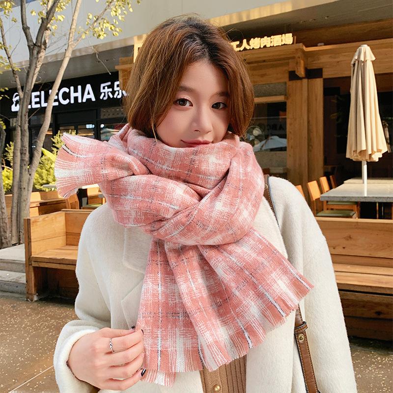 Women's Korean Style Fleece-Like Cashmere Scarf Autumn Winter High-End Warm Shawl Cute Versatile Plaid Neck Warmer