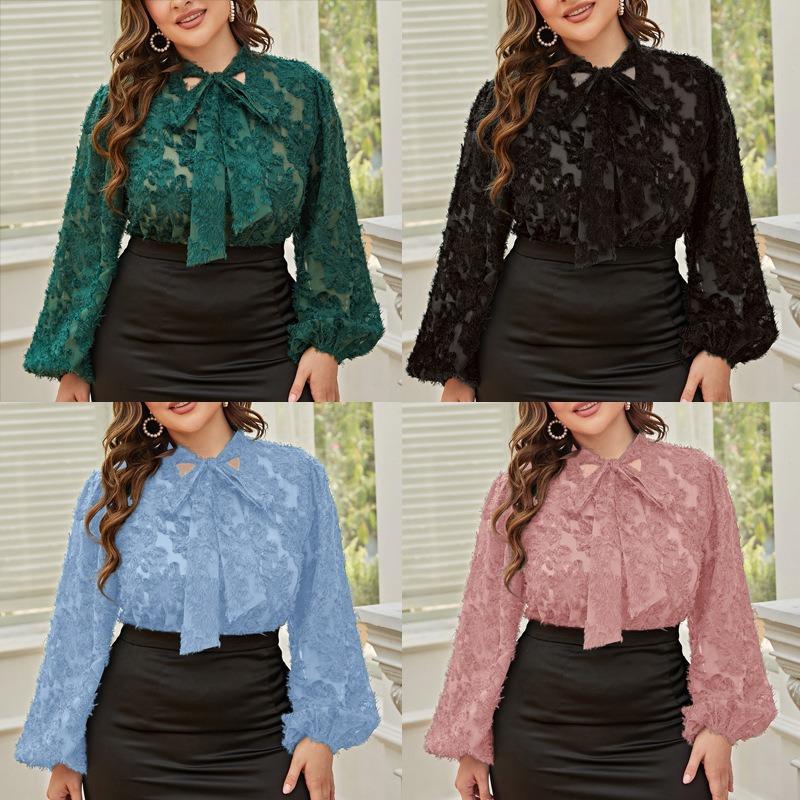 Camisa de Color Sólido para Mujer de Primavera y Otoño Cuello Redondo Manga Larga Lazo Tallas Grandes Tops