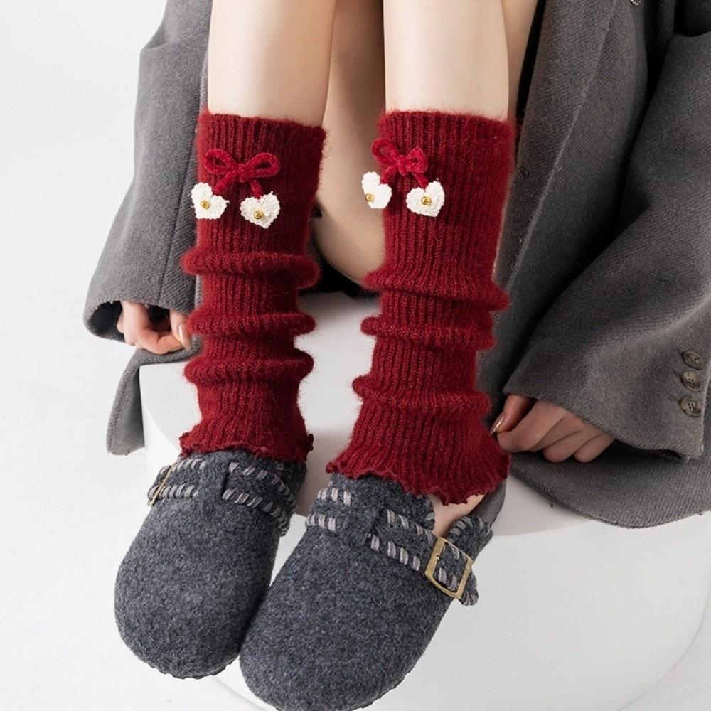New Red Color Leg Warmers Thickened Bow Middle Tube Socks Harajuku Knitted Hosiery Autumn and Winter