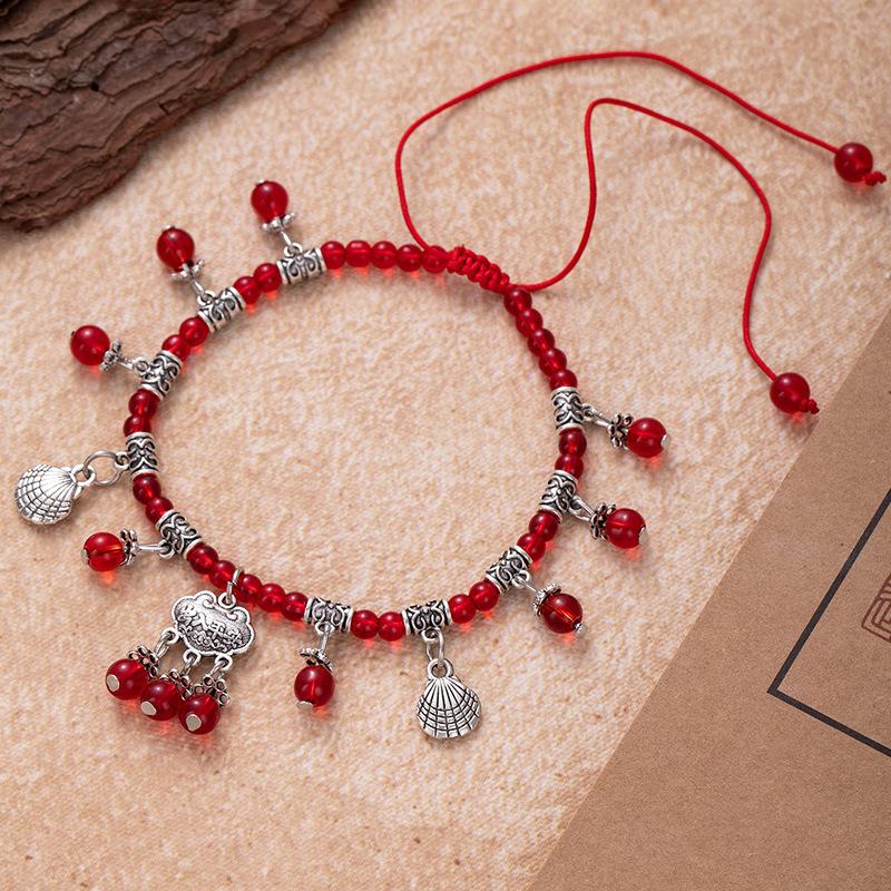 Red String Foot Chain Garnet Foot Accessory Long-life Lock Bell Handcrafted Beaded Accessory