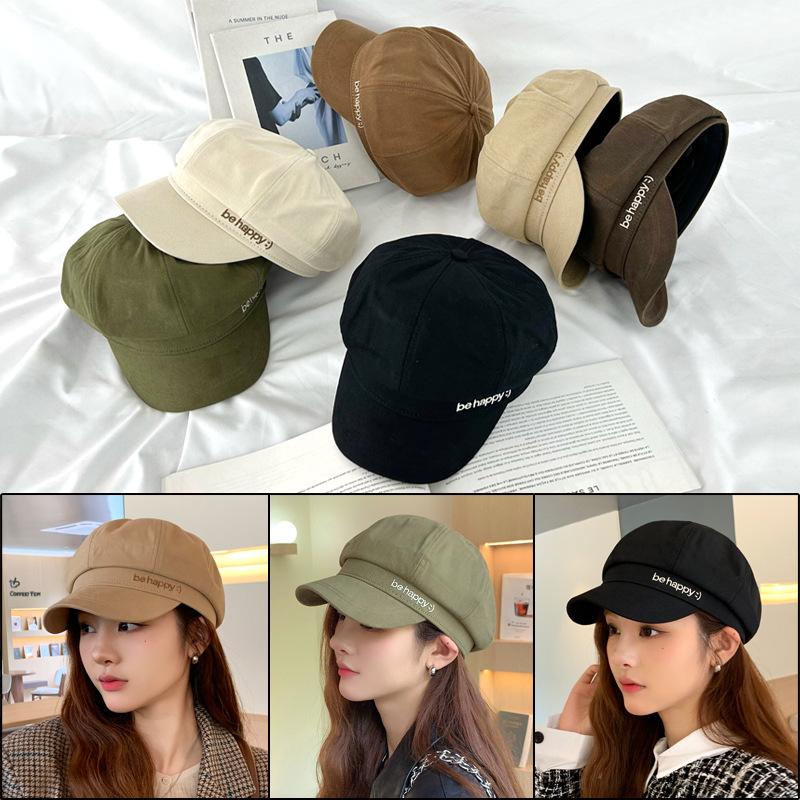 Spring and Autumn Winter Hat Women's Niche Solid Color Cap Big Head Circumference Octagonal Hat Retro Newsboy Hat New