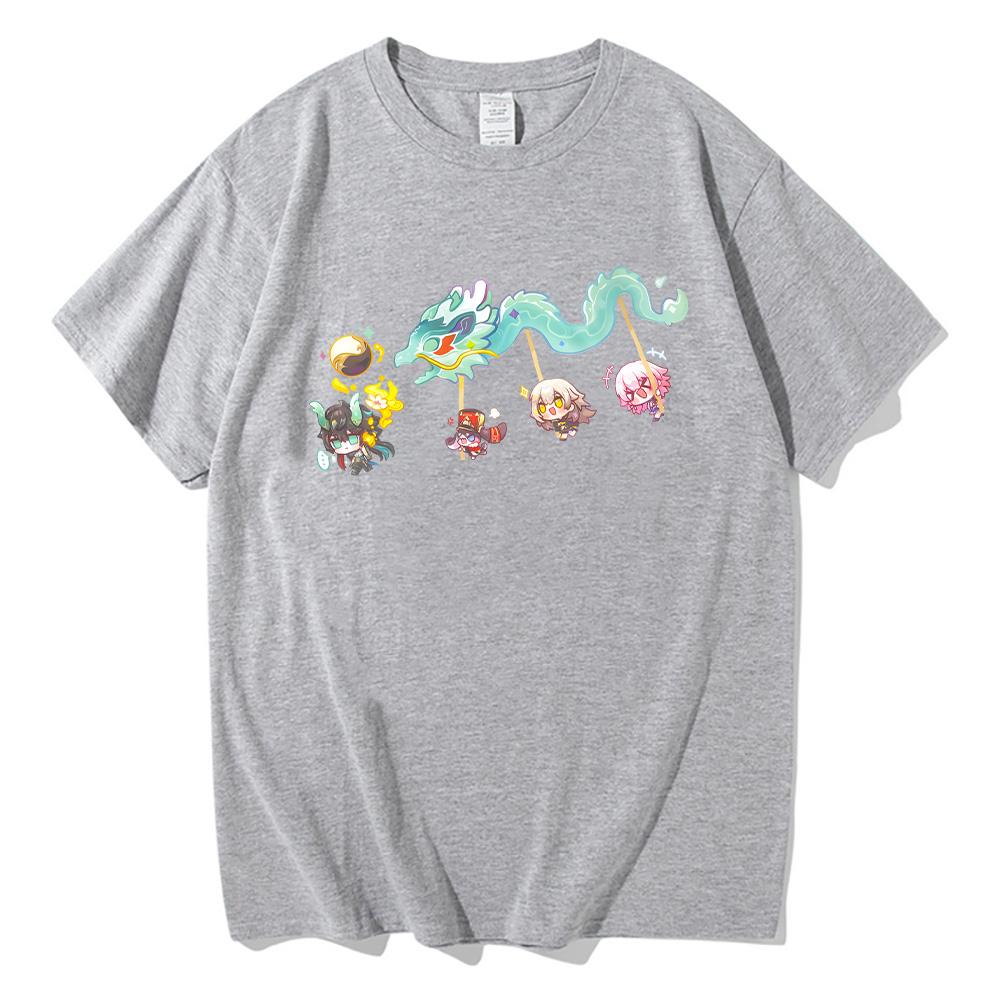 Imbibitor Lunae & Friends Dragon Dance Cotton T-shirt Honkai Star Rail Game Tees Adorable Q-version Cartoon Tops Unisex Clothing