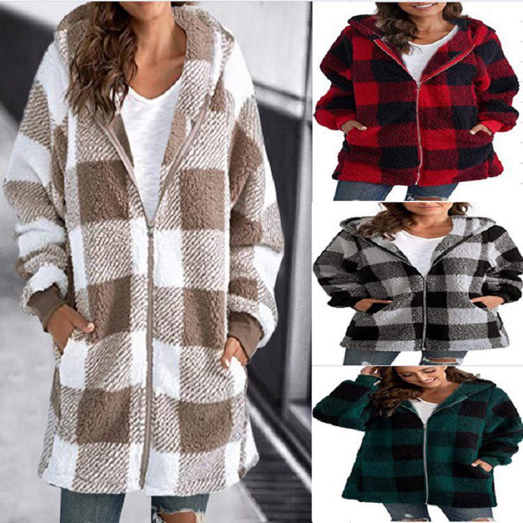 2024 Women’s Plaid Hooded Zipper Jacket with Plush Lining and Pockets