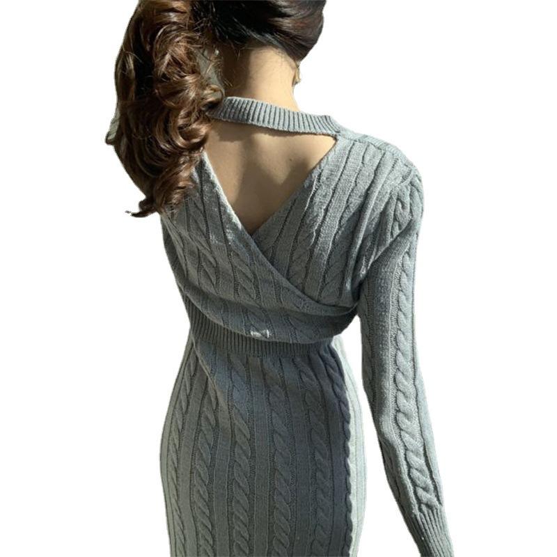 Damen-Strickkleid, lang, V-Ausschnitt, sexy, geteiltes Pulloverkleid, schmale Passform, Herbst-Winter, gestrickt, Hüftkleid, sowohl vorne als auch hinten tragen