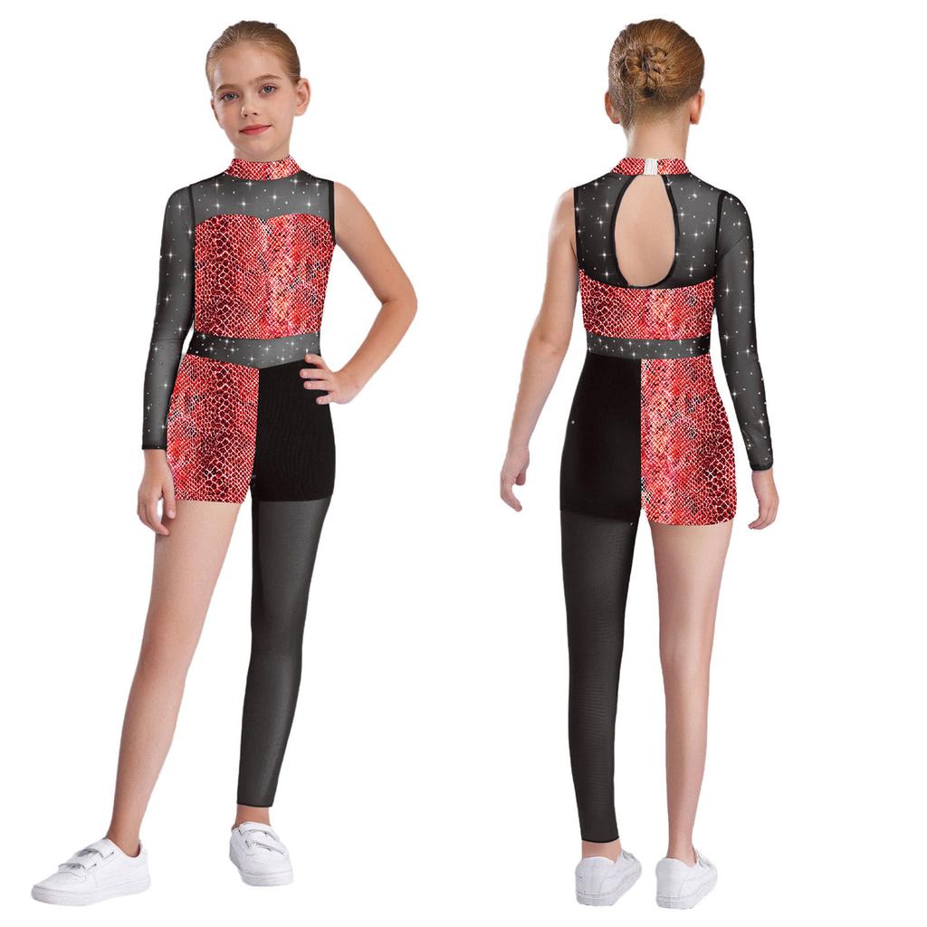Girls Stage Performance Bodysuit: Choose Star, Leopard or Snakeskin Print with Shiny Rhinestones & Sheer Mesh Panels