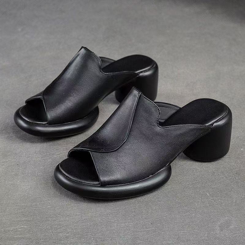Summer New Fish Mouth Temperament Thick Heel Medium Thick Heel Cylinder and Soft Bottom Cool Slippers Are Light and Fashionable