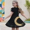 Girls Round Neck Flutter Sleeve American Flag Printed A Line Dress Black Red White