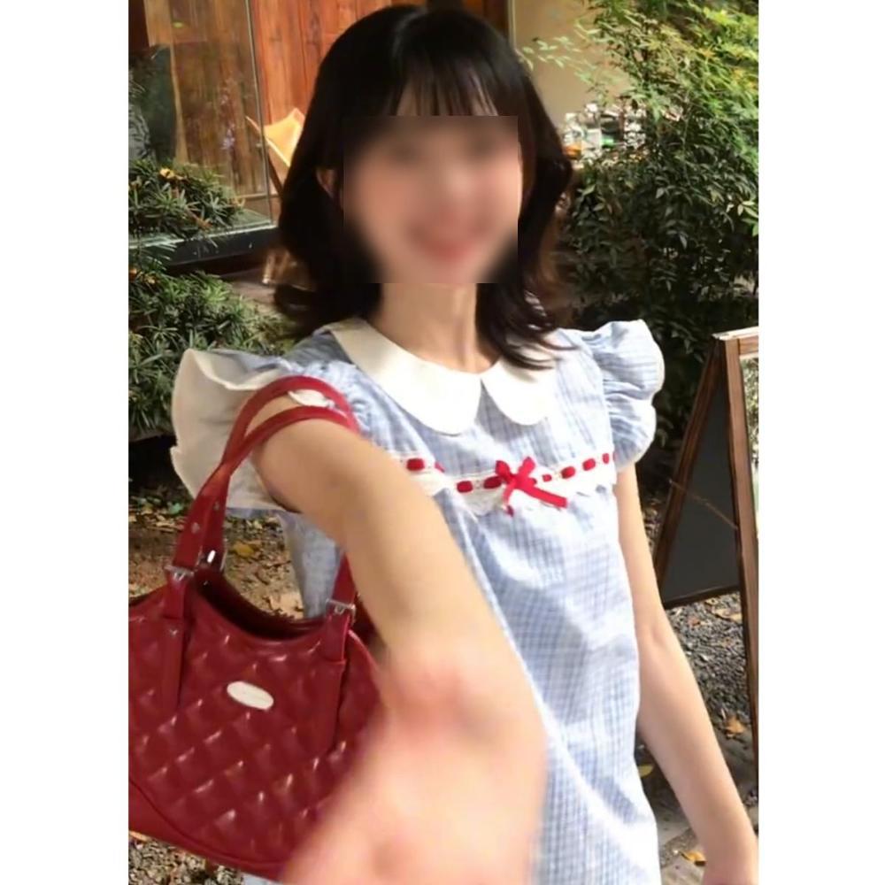 College style doll collar fluffy skirt for women, small plaid lace splicing short skirt, sweet little fly sleeve dress for women
