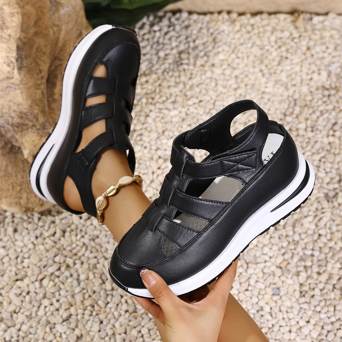 

Summer new bag head sandals women s 2025 hollow breathable women s shoes foreign trade large size muffin thick sole Velcro women s shoes 43 чёрный