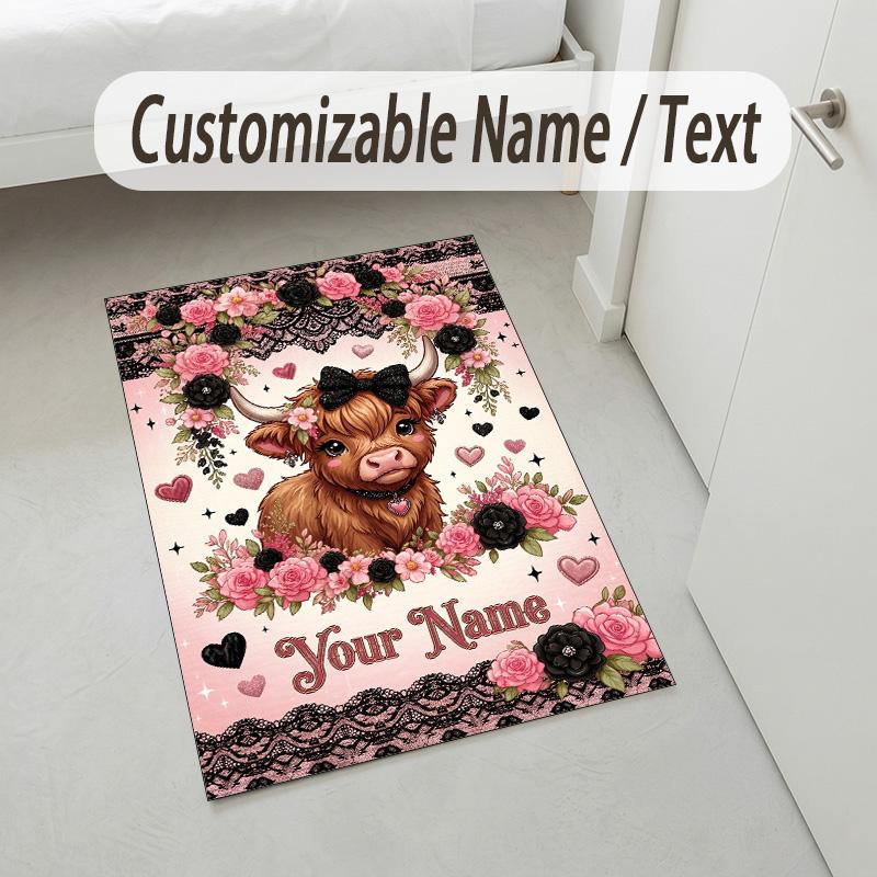 Cow Highland Theme Crystal Velvet Rug Personalized Custom Name Text Soft Floor Mat Home Decor