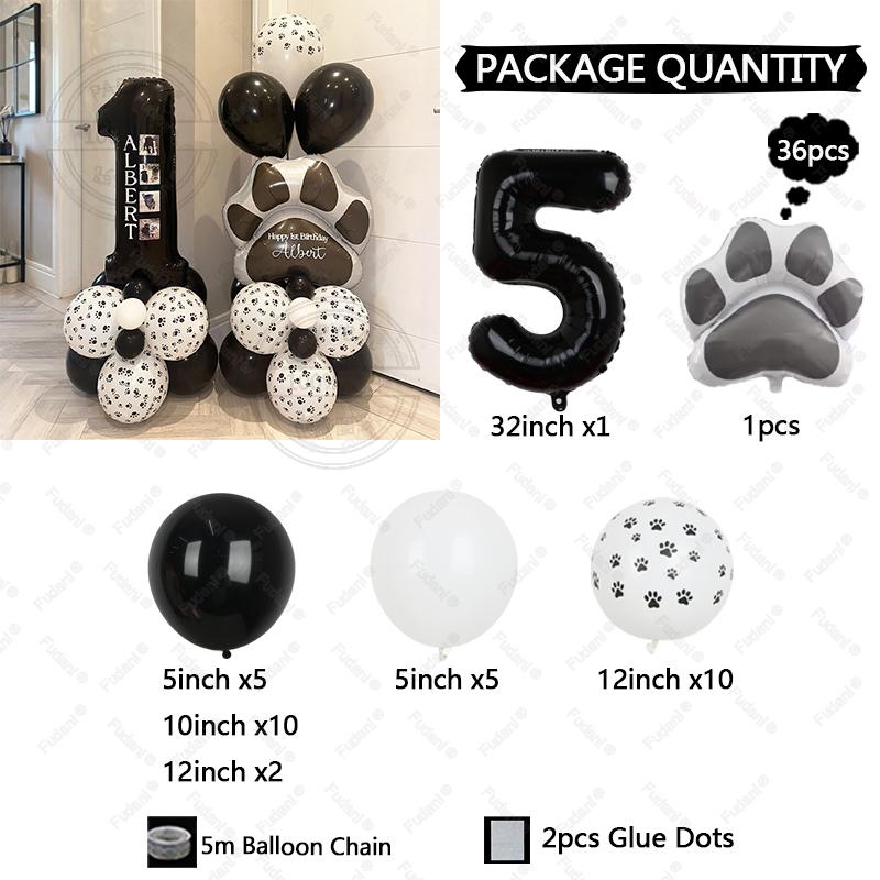 36pcs Black Dog Claw Balloon Numbers 1-9 Birthday Balloon Set Cartoon Animal Theme Party Decoration Pet Party Supplies