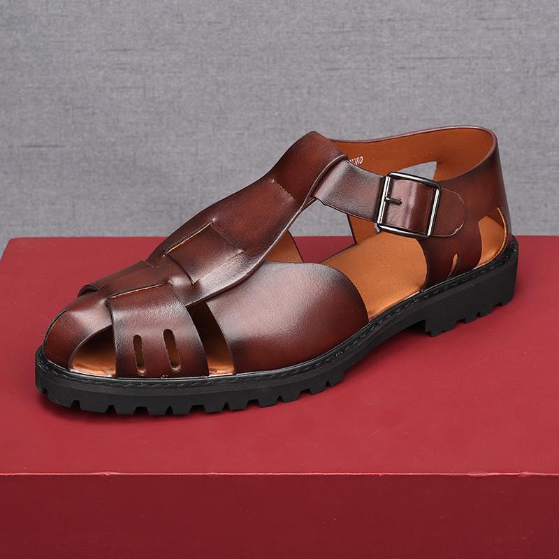 Móda Léto Nové Pánské Retro Římské Gladiátorské Kožené Sandály Vykrojené Prodyšné Boty Jednobarevné Kotníkové Spony Ležérní Boty