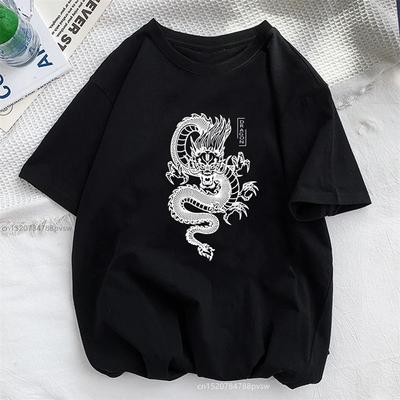 Women Dragon Funny Print T Shirt Girl Casual Harajuku Y2K Tops Tee Lady Casual Basics O-collar Black Shirt Short Sleeve T-shirts Unisex