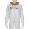 2KWEIRD Gothic Vintage Rhinestones Graphic Hoodie Solid Fur Patchwork Hooded Jackets Women's Double Zipper Coats