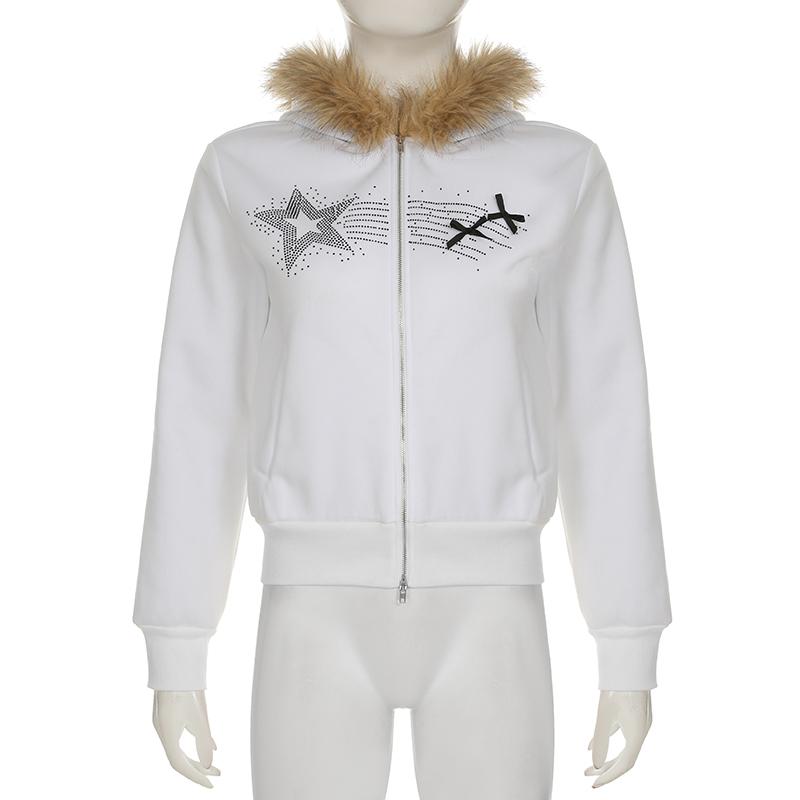 2KWEIRD Gothic Vintage Rhinestones Graphic Hoodie Solid Fur Patchwork Hooded Jackets Women's Double Zipper Coats