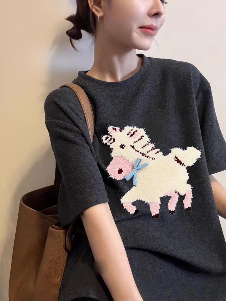 2026 Korean Retro Short Sleeve Women's T-Shirt with Small Horse Print - Trendy Round Neck Half Sleeve Top