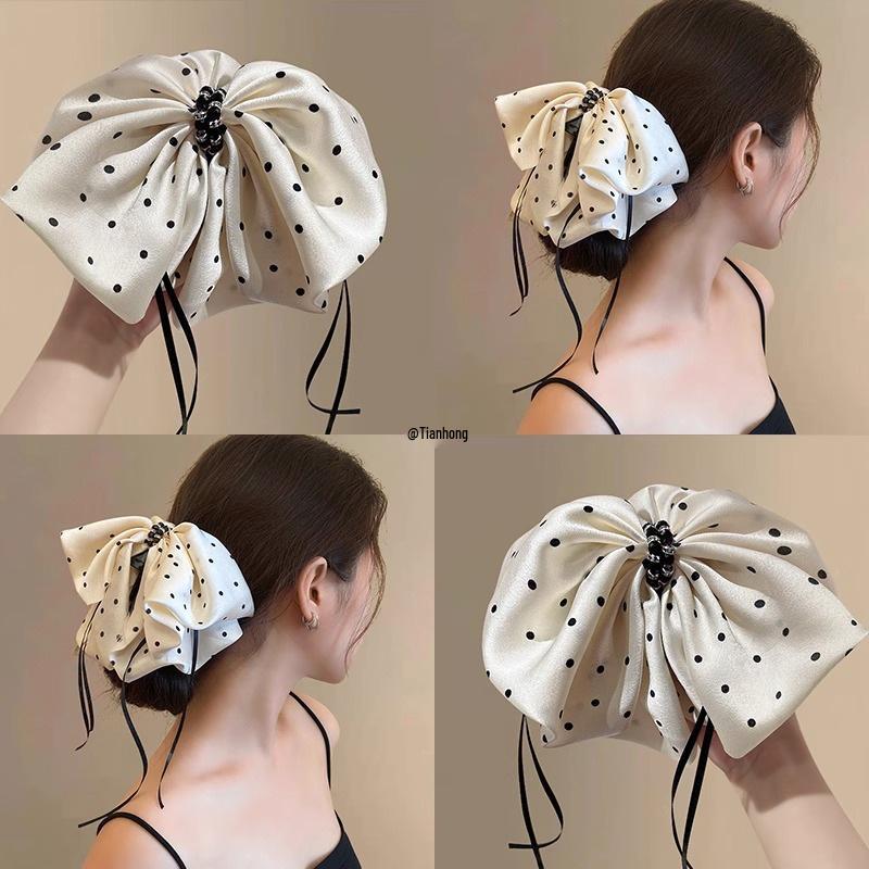 

2025 New Large Bow Polka Dot Ribbon Claw Hair Clip for Women s Ponytails Black Polka Dot Ponytail Claw Clip