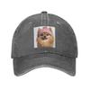 Gemütlicher Zwergspitz Hund Trägt Pinke Wintermütze Trendiges Tier Denim Stoff Kappe Baseballkappen Verstellbare Mütze Unisex Baseballkappen