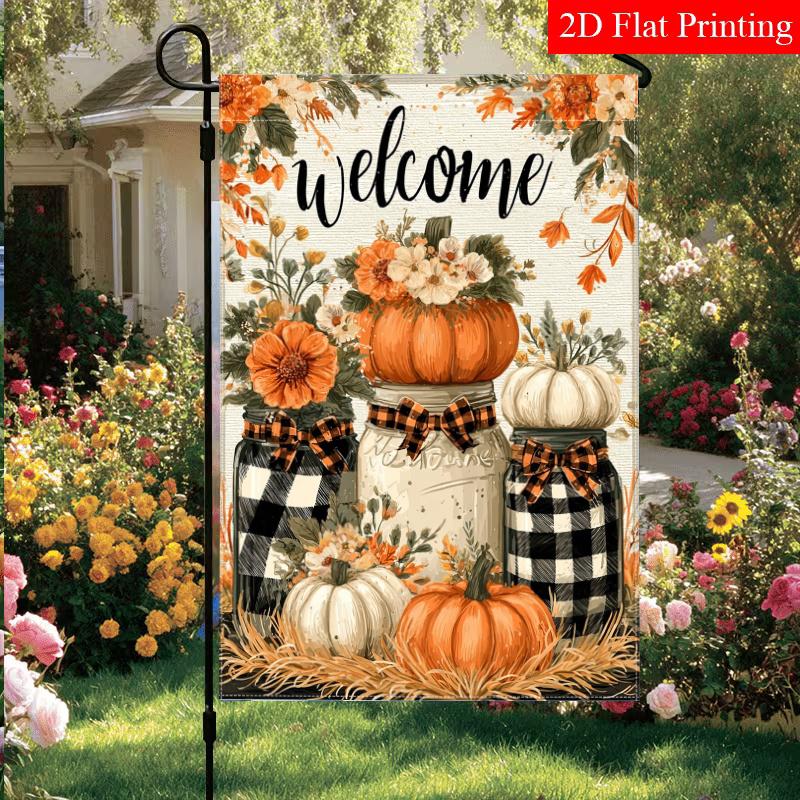 2D Flat, 2D Flat Autumn Thanksgiving Pumpkin Welcome Garden Flag_4-28x40 Inch Outdoor Garden Flag Double-sided Home Decoration Courtyard Decoration Ou