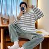 Men's Plus Size Striped Flannel Pajama Set - Coral Fleece Winter Pullover Homewear for Teens