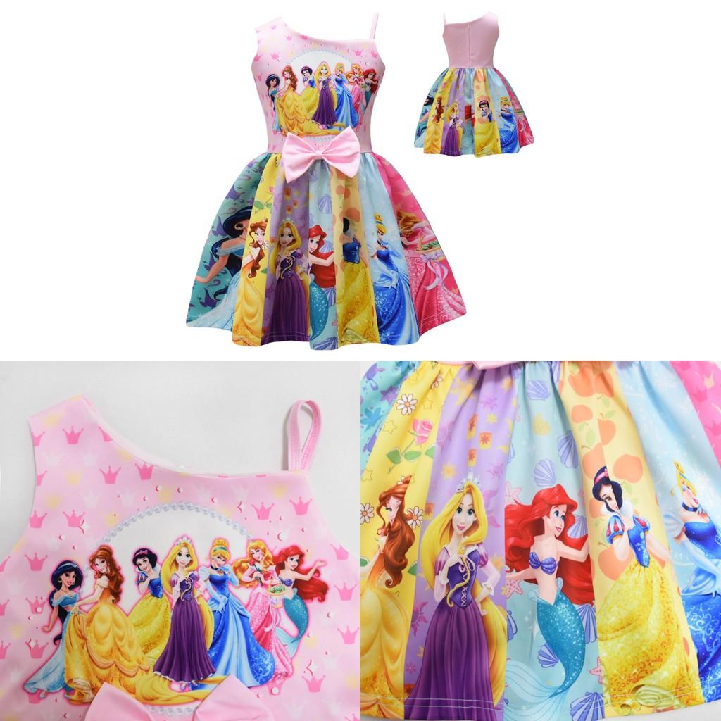 Vestito Bambina Principesse Disney Con Fiocco Misto Cotone Per Primavera Estate Età Da 3 A 8 Anni