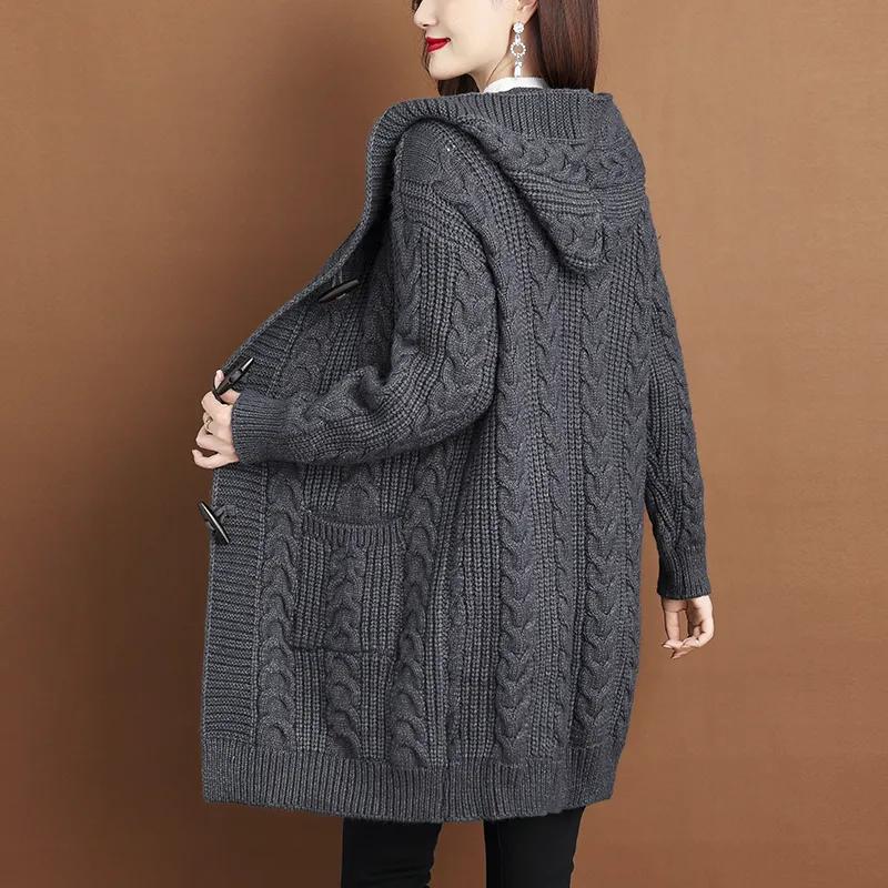 Women Plus Size 6XL Loose Hooded Knitted Sweater Coat Autumn Winter Temperament Coat Sweater Jacket Womens Casual Outerwear
