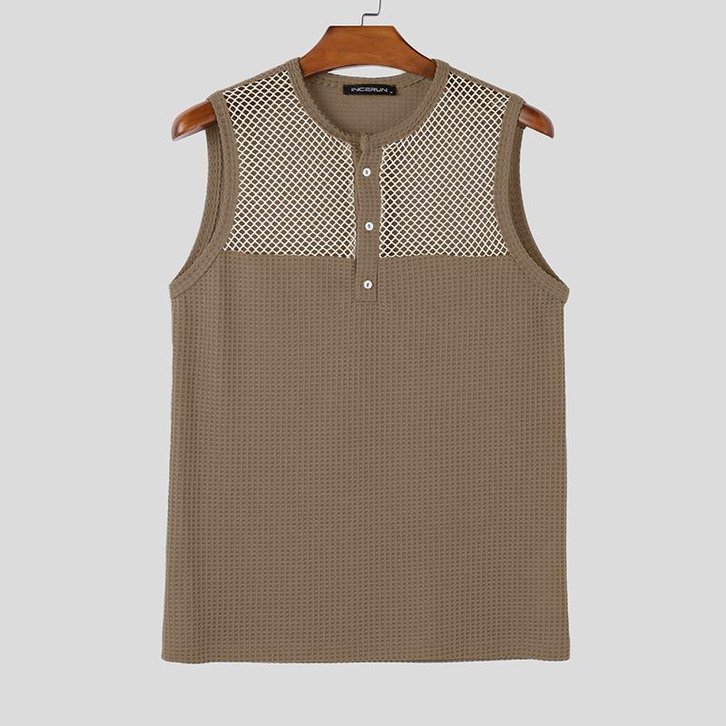 INCERUN Men Casual Sleeveless Patchwork Waffle Texture Hollow Out Tank Tops