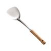 Stainless Steel Cookware Set: Spatula, Soup Ladle, Slotted Spoon with Orange-Brown Wood Handle.