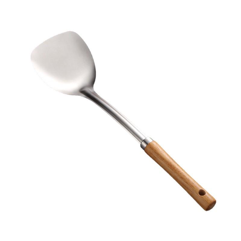 Stainless Steel Cookware Set: Spatula, Soup Ladle, Slotted Spoon with Orange-Brown Wood Handle.