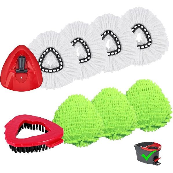 7 Pack Reusable Microfiber Mop Pads Compatible with O-Cedar EasyWring Triangle Mop,3 Elastic Mop Head 2 White Mop Replacement,One Scrub Brush & One