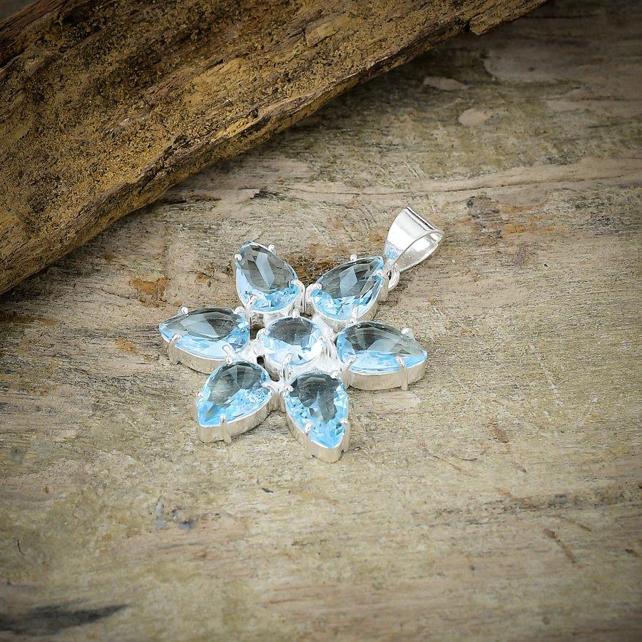 Swiss Blue Topaz Gemstone 925 Sterling Silver Jewelry Pendant 1.77" M-71