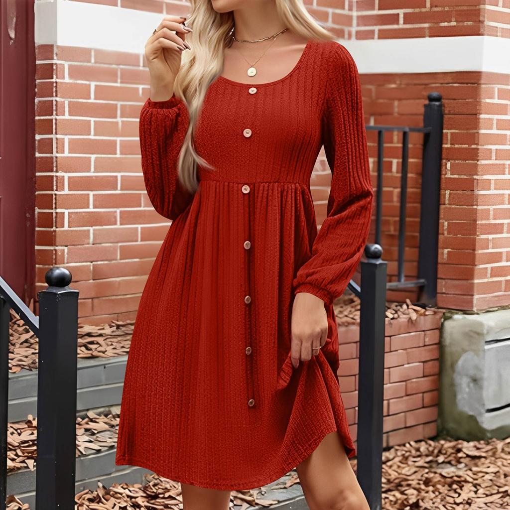 Women's Fashion Round Neck Casual Slim Solid  Waist Long Sleeve Dresses