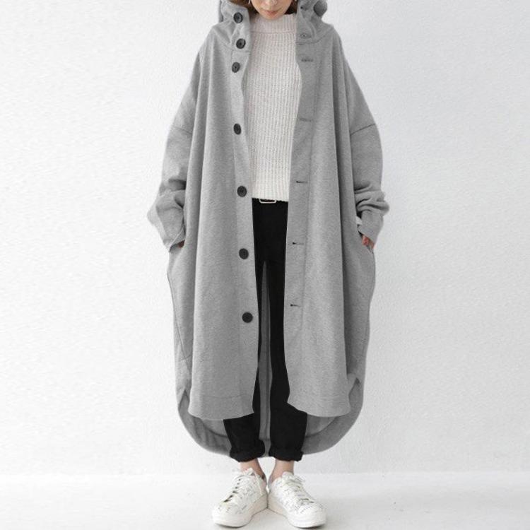 Women Hooded Trench Coat Autumn Winter Medium Length Jacket S серый