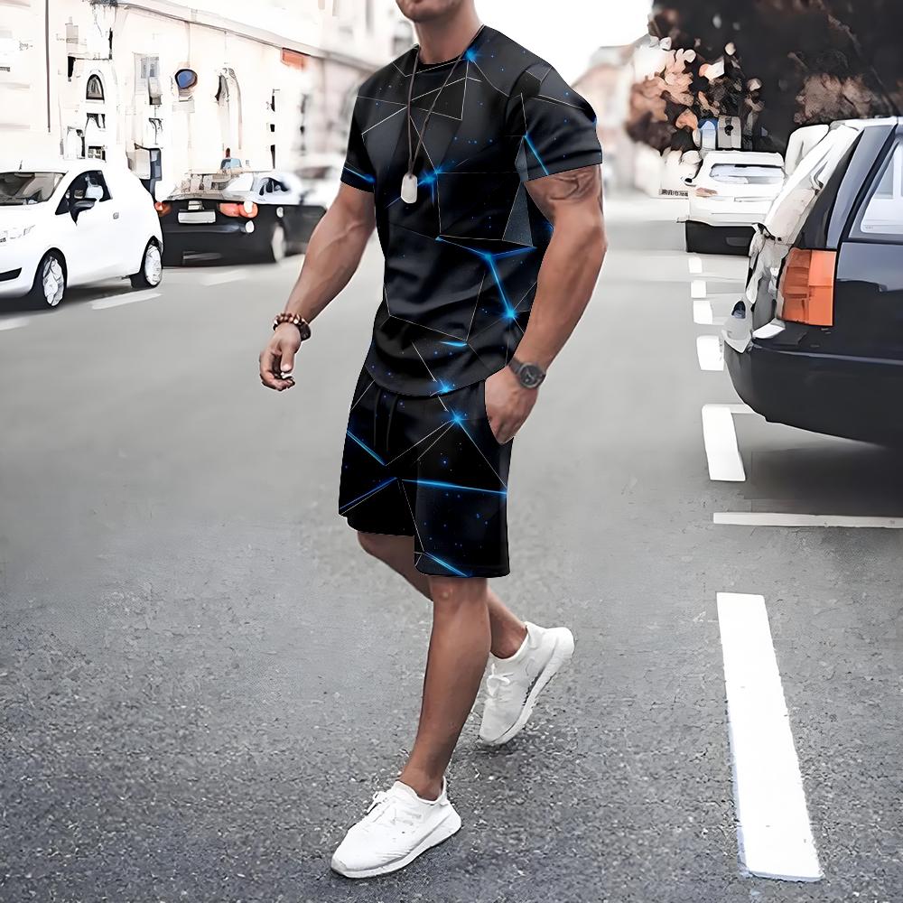 Plus Size Irregular Geometric T-shirt Shorts 2-piece Set Quick Drying Loose Men's Drawstring T Shirts Short Sleeve Tee Summer