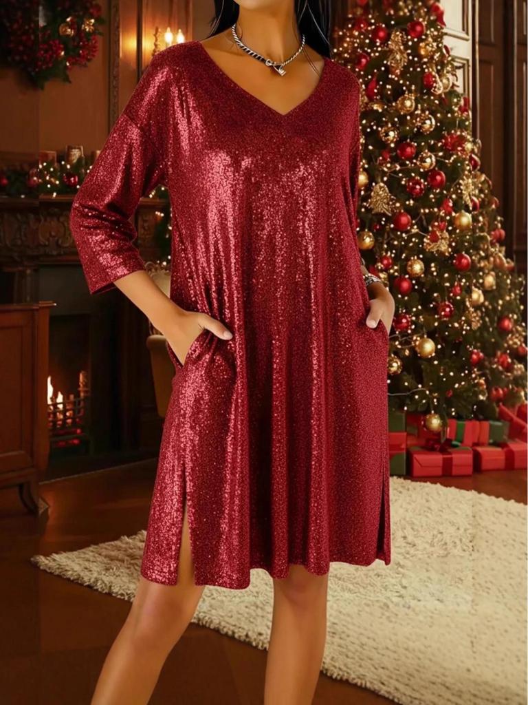 Vestido de Manga Nueve Puntos con Escote en V Holgado Estampado en Caliente con Dobladillo Dividido Transfronterizo 2025