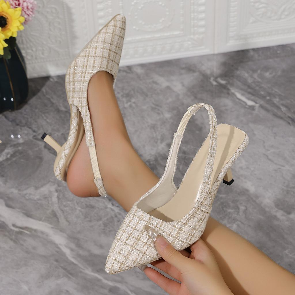 Leisure Pumps Sandals Female Office Career Thin Mid Heels Pointed Toe Shoes Women Cloth Fabric Slip On Summer Sandals Plus Size