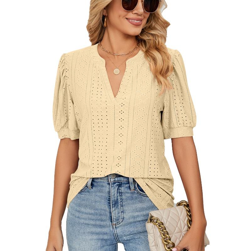 Summer Casual V-neck Solid Color Hollow Bubble Sleeve Loose T-shirt Top for Women Shirt