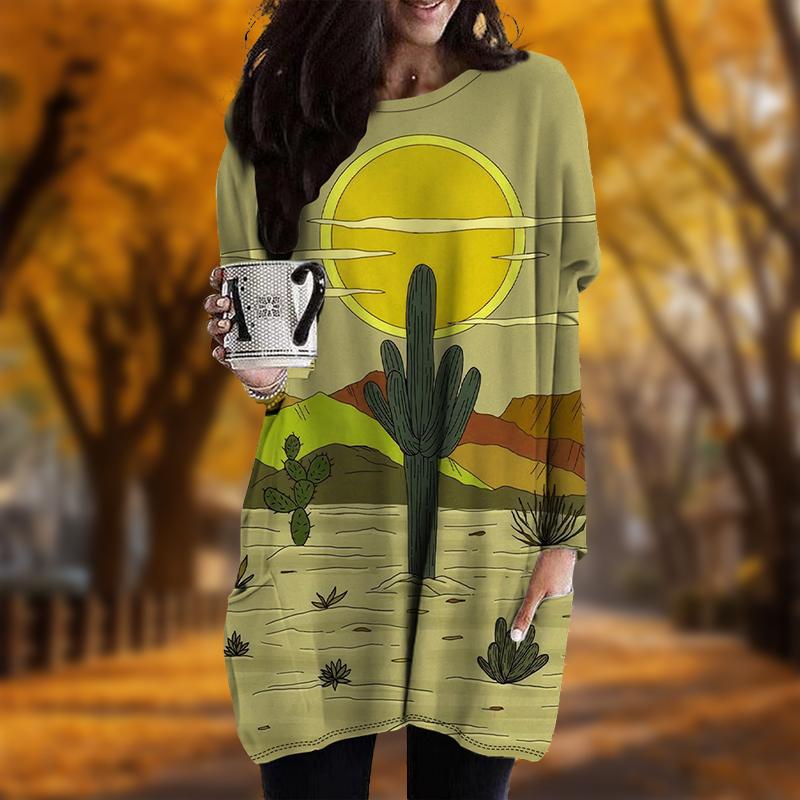 

Новинка осени с принтом пустынного кактуса и больших размеров платье для женщин с круглым вырезом и длинными рукавами повседневные платья с карманами 8XL жёлтый