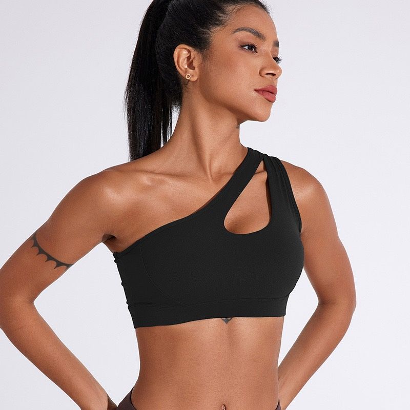 Sports Underwear Hollow out One Shoulder Shockproof Push up Running Fitness Bra Sloping Shoulder Beauty Back Pilates Yoga Vest Women