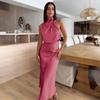 Women Spaghetti Strap Halter Solid Ankel-Length Dress High Collar High Waist