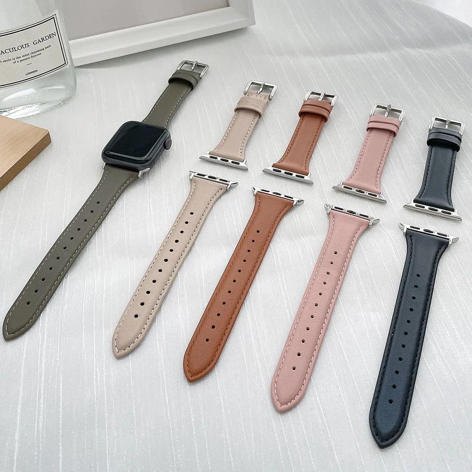 Schlankes dünnes echtes Lederarmband für Apple Watch Serie Kleine Dornschließe Universelles Uhrenarmband