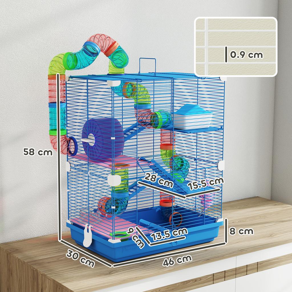 5-Tier Hamster Cage with Tubes, Wheel, Ladders, House and Bottle, 46x30x58 Cm